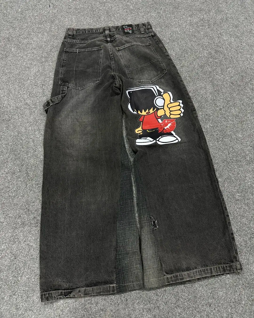 Y2K Harajuku Retro Washed Baggy Jeans Street Hip-hop Anime Printed Wide Pattern Straight Pants Men Trendy Brand Casual Trousers