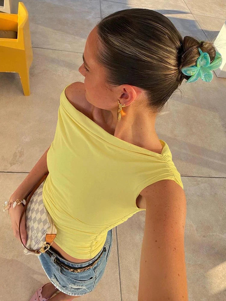 Weird Puss Irregular Women Tank Tops Shirring Shoulder Ruched Summer Chic Fashion Solid Hottie Simple Basic Streetwear Slim Vest