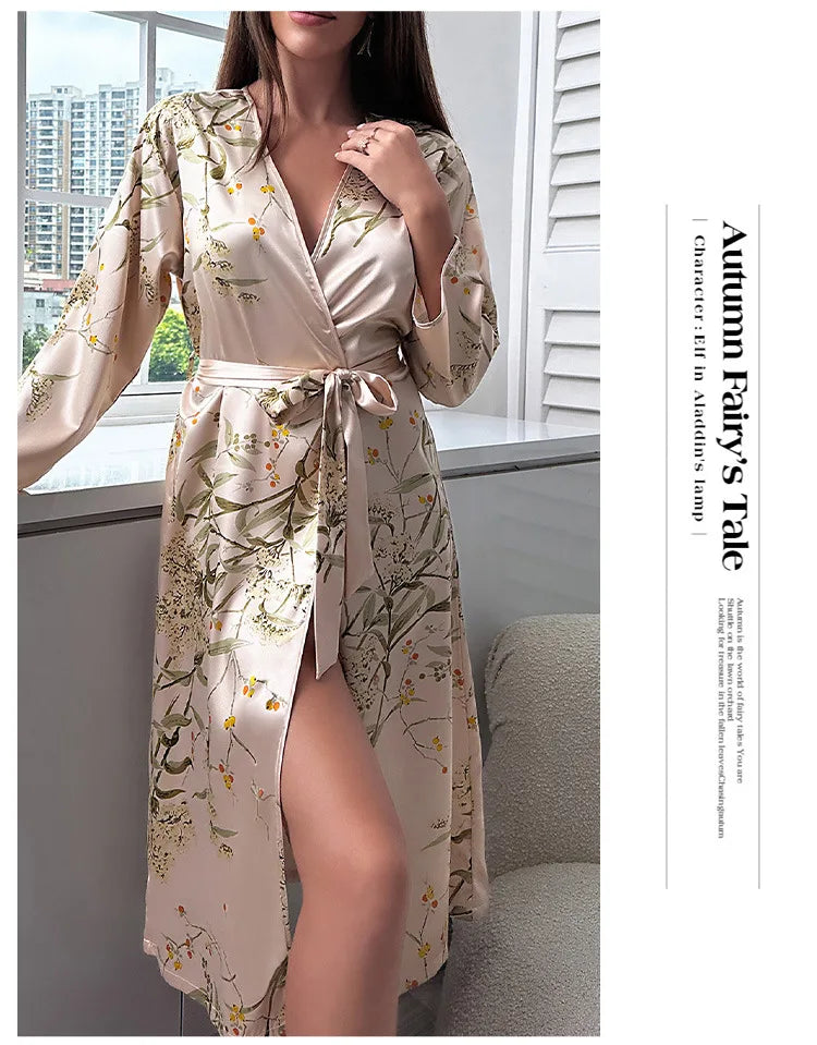 Sexy Loose Satin Home Dressing Gown Print Cherry Nightgown Female Long Kimono Bath Robe Gown Sleepwear Spring Summer Lounge Wear
