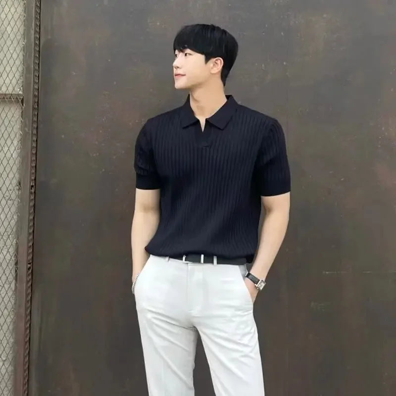 Summer New Light Maturity Knitted Polo Shirt Men's Korean Style Slim Fit Collar Pure Color Casual T-Shirt Cross-Border