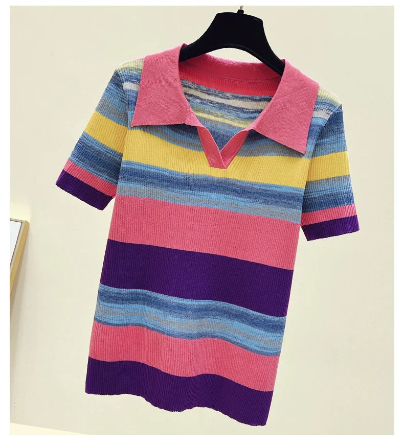 Summer Korean Knitted Tshirt Sweater For Women Rainbow Striped Stylish Fashion Loose Tops Shirt Short Sleeve Knitwear 2023