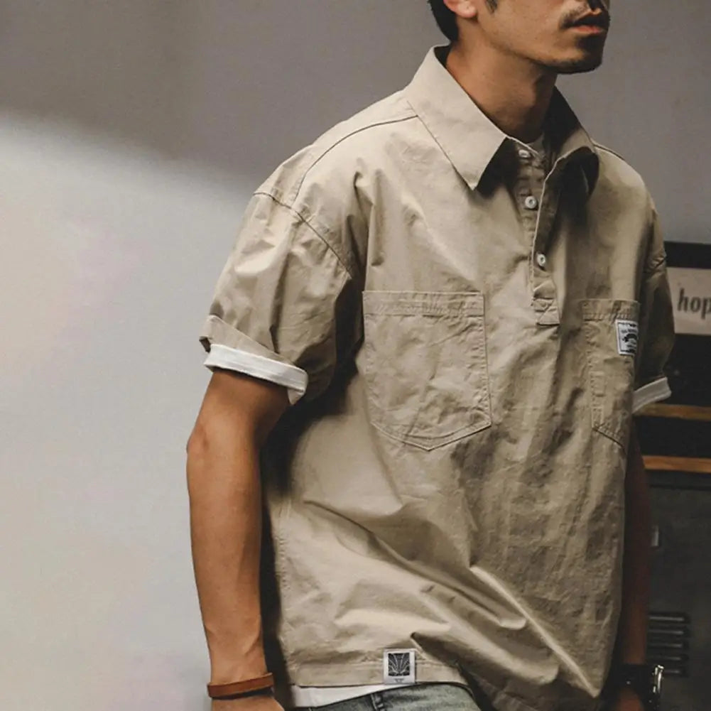 Man Shirts Summer Cargo Shirt American Retro Loose Short Sleeves Lapel Men Tops Work Shirt Multi Pockets Half Sleeve Casual Tops