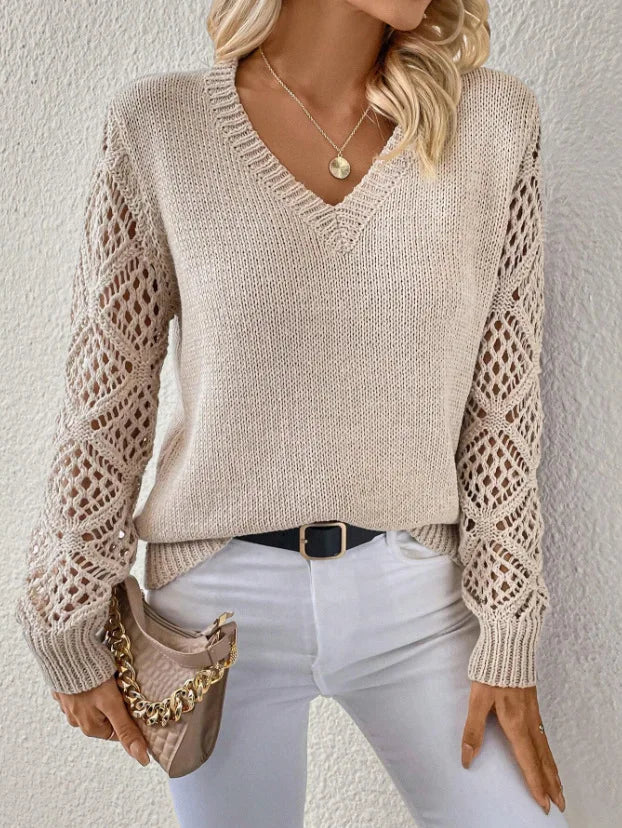 Autumn And Winter Fashion V-neck Pullover Sweater Elegant Women's Casual Hollow Long Sleeve Knitted Solid Color Loose Sweater