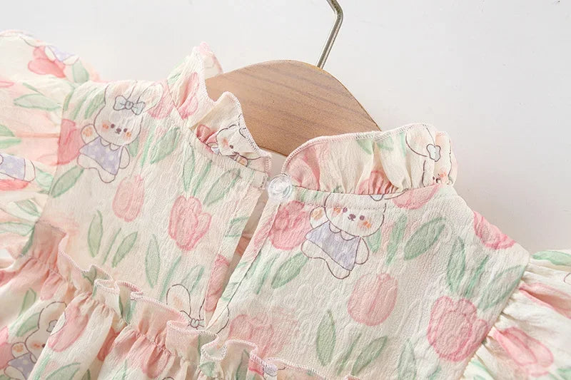 Summer Hardwear Girl Dress Tulip Cartoon Rabbit Print Small Flying Sleeves Flower Neck Bow Ribbon Tulip Flower Pattern