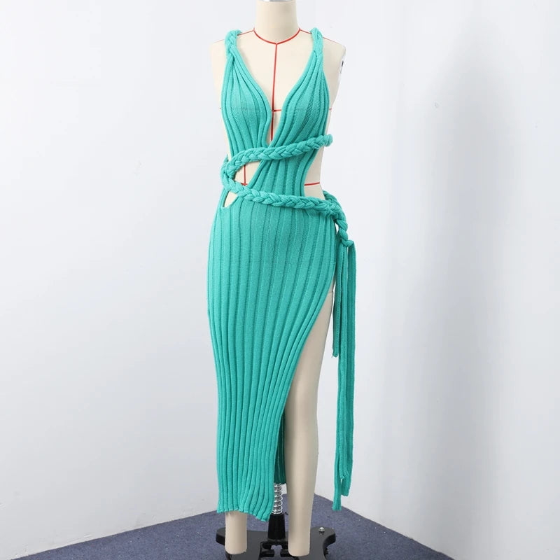 Sexy Knit High Slit Backless Long Dress Women Green Ribbed Hollow V-neck Dresses Female 2025 Summer Lady Beach Party Robes New