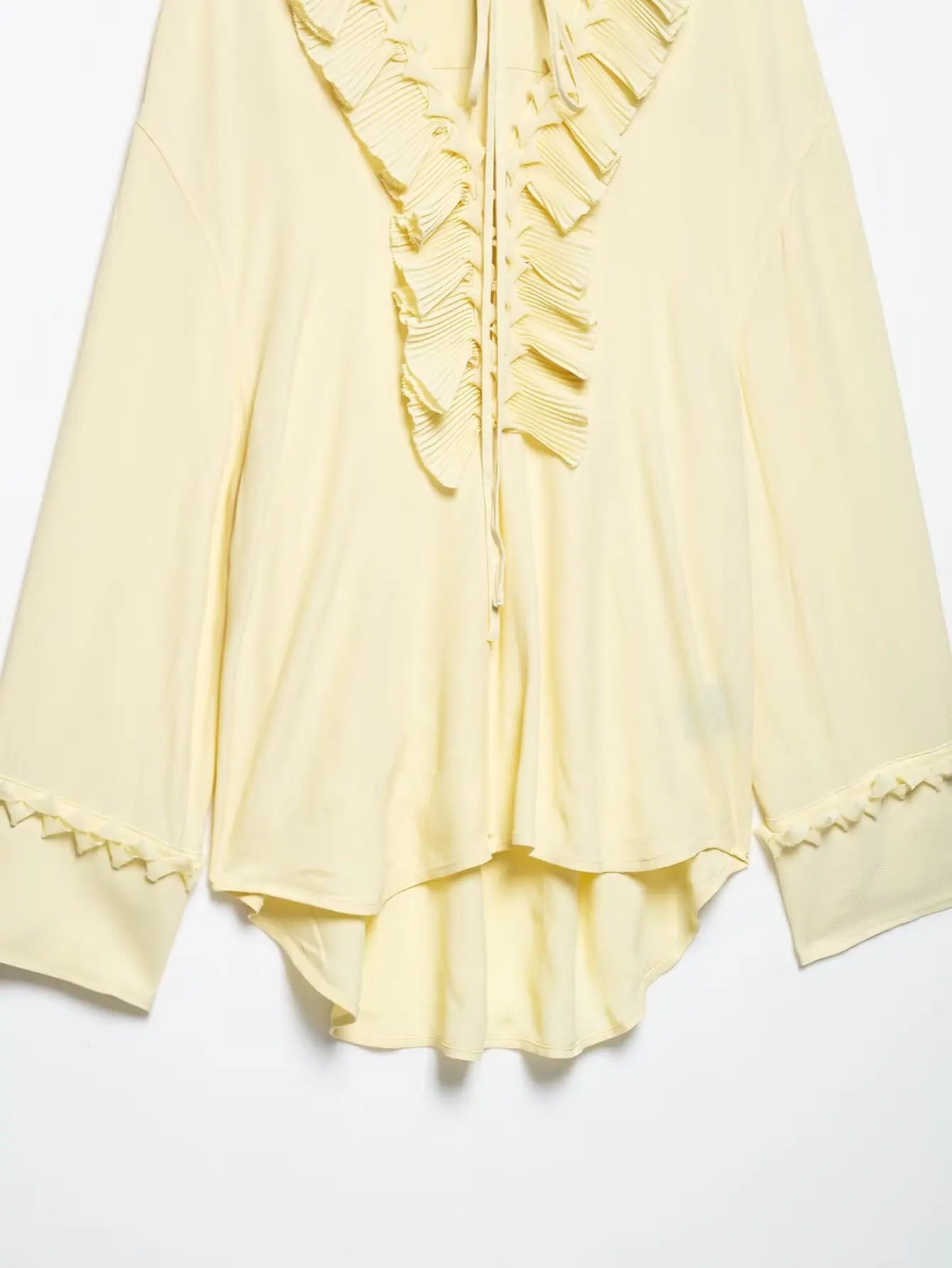 TRAFZA Vintage Chic Yellow Tie Up Women Blouse V-Neck Ruffles Long Sleeve Lace-up Bow Shirts Fashion 2025 Spring Summer Blouses