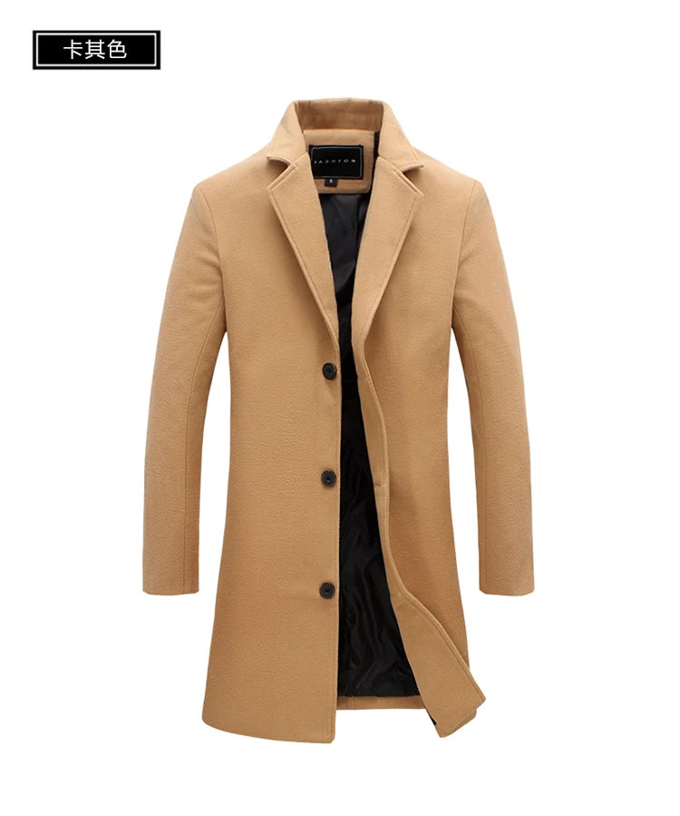 2025 Autumn Winter New Wool Men Long Cotton Coat Blend Pure Color Casual Business Fashion Slim Windbreaker Jacket Men Clothing