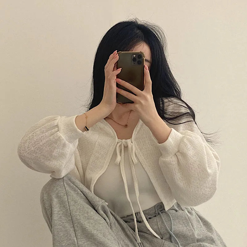 Rimocy 2023 Thin White Cardigan Women Summer Sunscreen Lace-Up Knitwear Top Female Korean Style Lantern Sleeve Short Coat Woman
