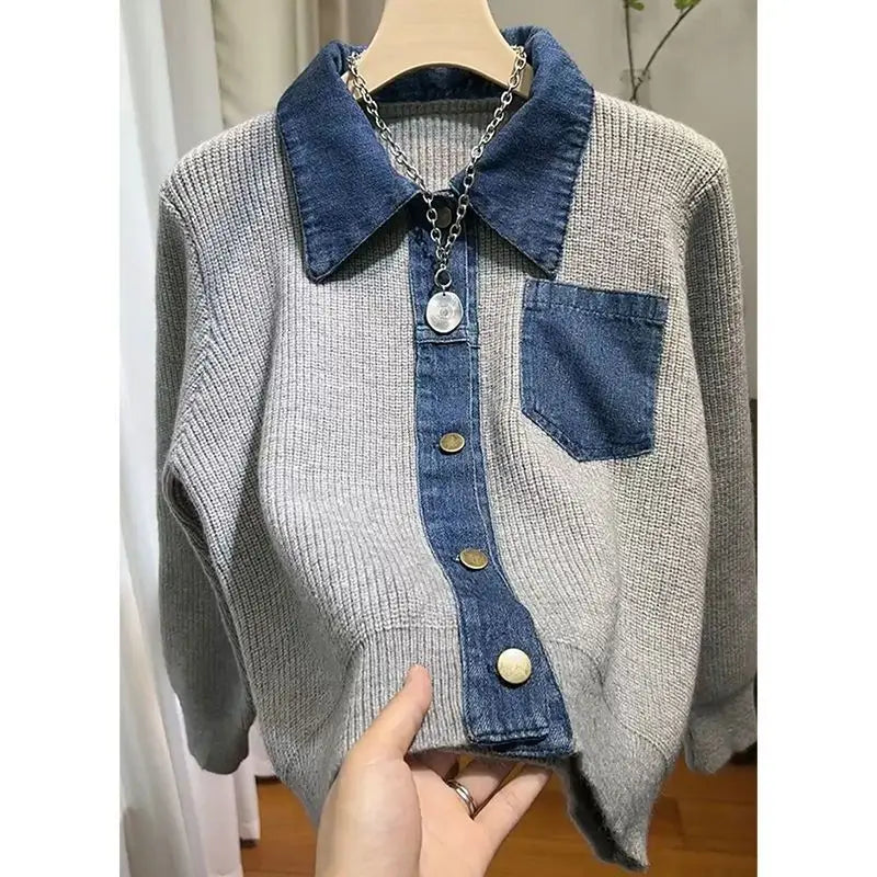 Women's Trendy Vintage Denim Patchwork Single Breasted Knitted Cardigan Autumn Casual Long Sleeve Loose Chic Pocket Sweater Coat