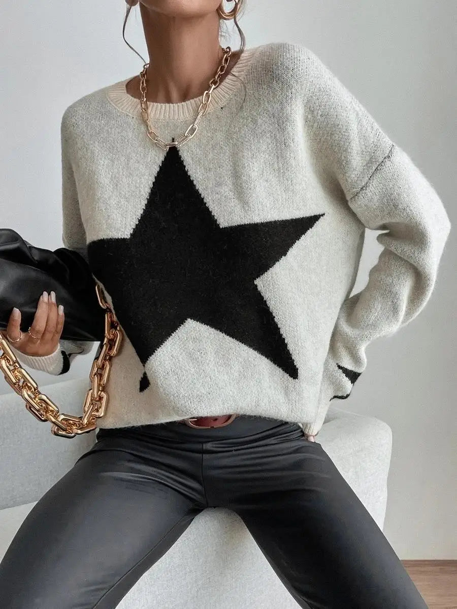 Star Sweater Pullover Women Autumn Spring Simple Knit Elastic Pullovers Jumper Casual Thick Warm Black White Basic Jumpers