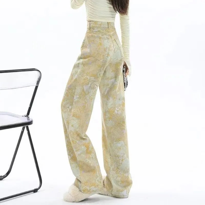 New High Waist 2025 American Retro Plant Flower Print Ladies Commuter Wide-leg Jeans Youthful and Beautiful Out of The Street