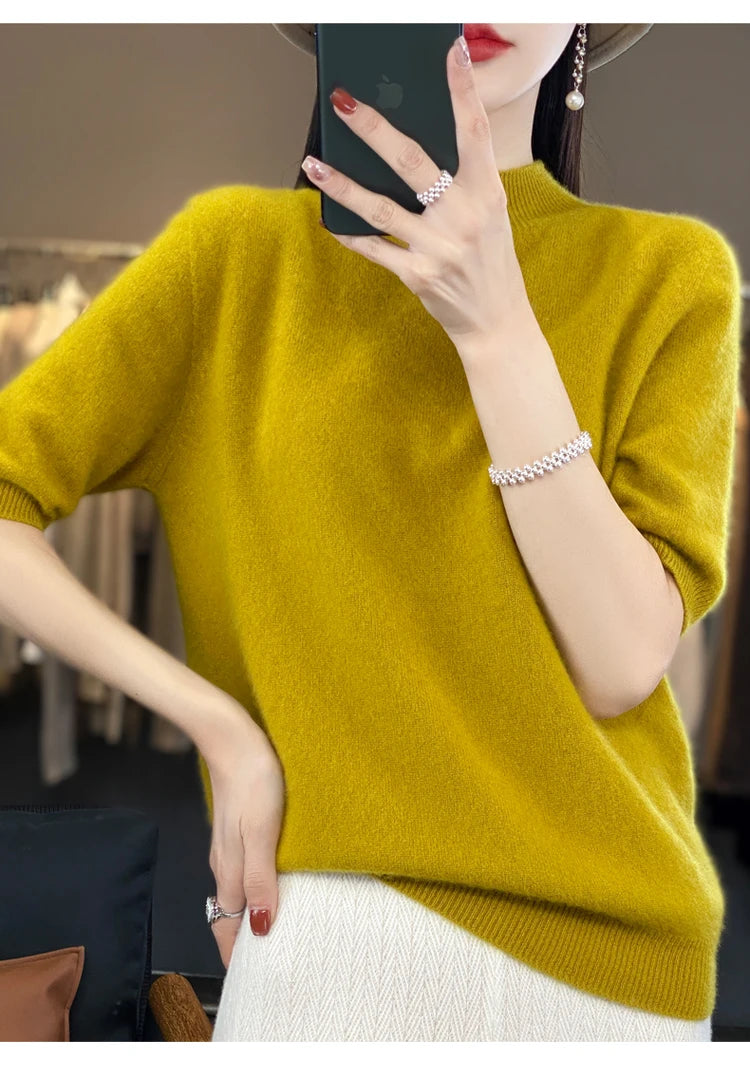 100% pure wool short sleeve summer new women's semi-high neck pullover blouse loose knit vest fashion T-shirt
