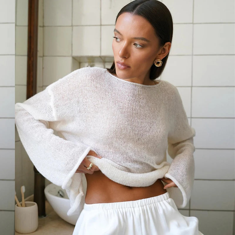 MSCSZ Red Long Sleeve Oversized Sweater Women Transparent Knitted Sweater 2025 Spring Autumn Cozy Sweaters Pullover Tops