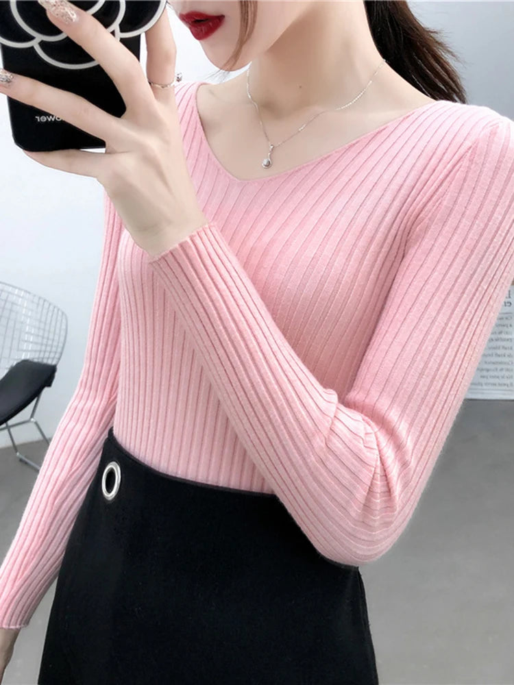 2025 V Neck Women Autumn Winter Sweaters Slim Knitted Pullovers Soft Warm Solid Jumper Female Sweater Casual Knitwear Jersey Top