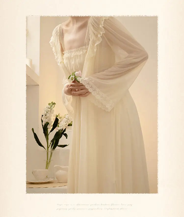 PLUS SIZE 2PCS Robe Set Female Court Style Satin Nightdress Sexy Lace Trim Sleep Suit Home Dress Gown Spaghetti Strap Nightwear