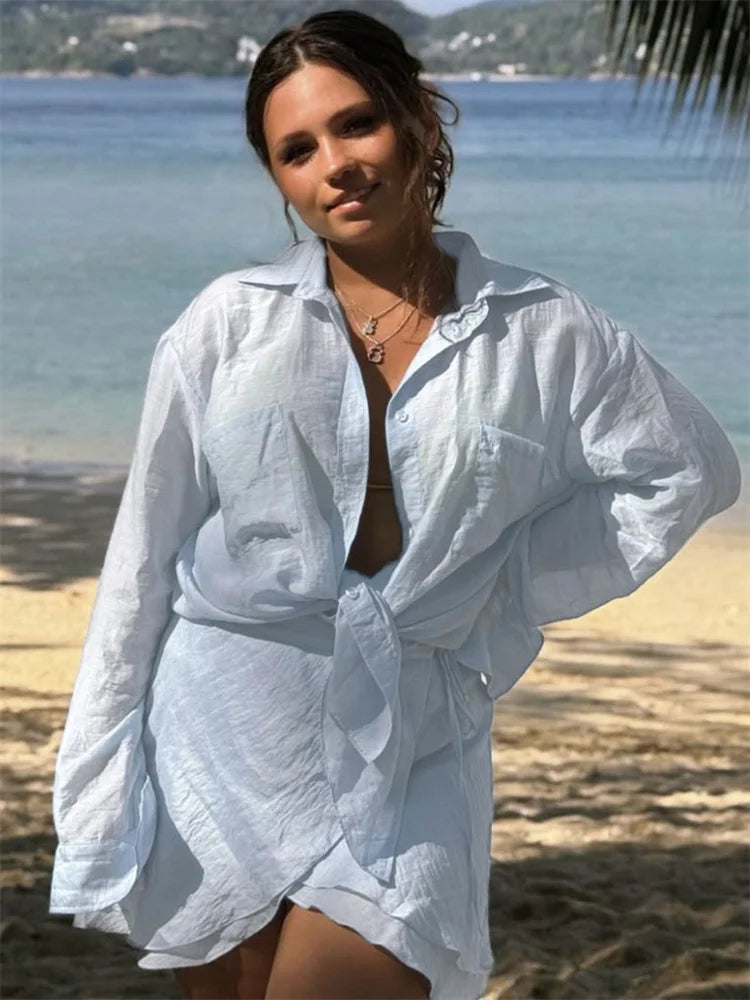 Casual 2 Piece-Set Summer Female Cover up And Ruffled Mini Skirt Lace-Up Beach Holiday See-Through Loose Women's Outfits