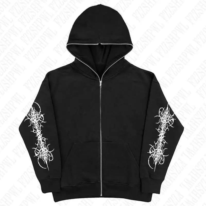Y2K Zip up hoodie Rock Goth Harajuku Graphic Print Casual Zipper Hoodie sweatshirt Vintage Punk High street Hiphop Clothes Loose