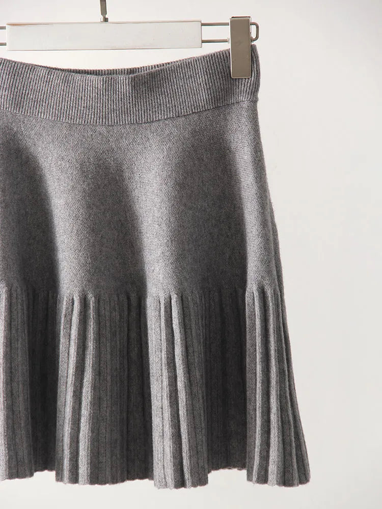 Knitted Pleated School Skirt Women Spring Winter Sexy A-line Women's Skirt Solid Casual High Waist Short Skirts For Woman Black
