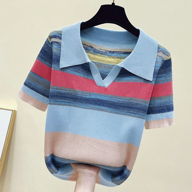 Summer Korean Knitted Tshirt Sweater For Women Rainbow Striped Stylish Fashion Loose Tops Shirt Short Sleeve Knitwear 2023