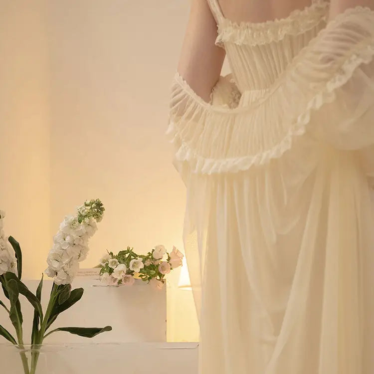PLUS SIZE 2PCS Robe Set Female Court Style Satin Nightdress Sexy Lace Trim Sleep Suit Home Dress Gown Spaghetti Strap Nightwear