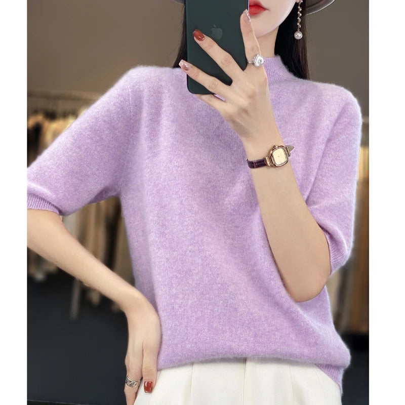100% pure wool short sleeve summer new women's semi-high neck pullover blouse loose knit vest fashion T-shirt
