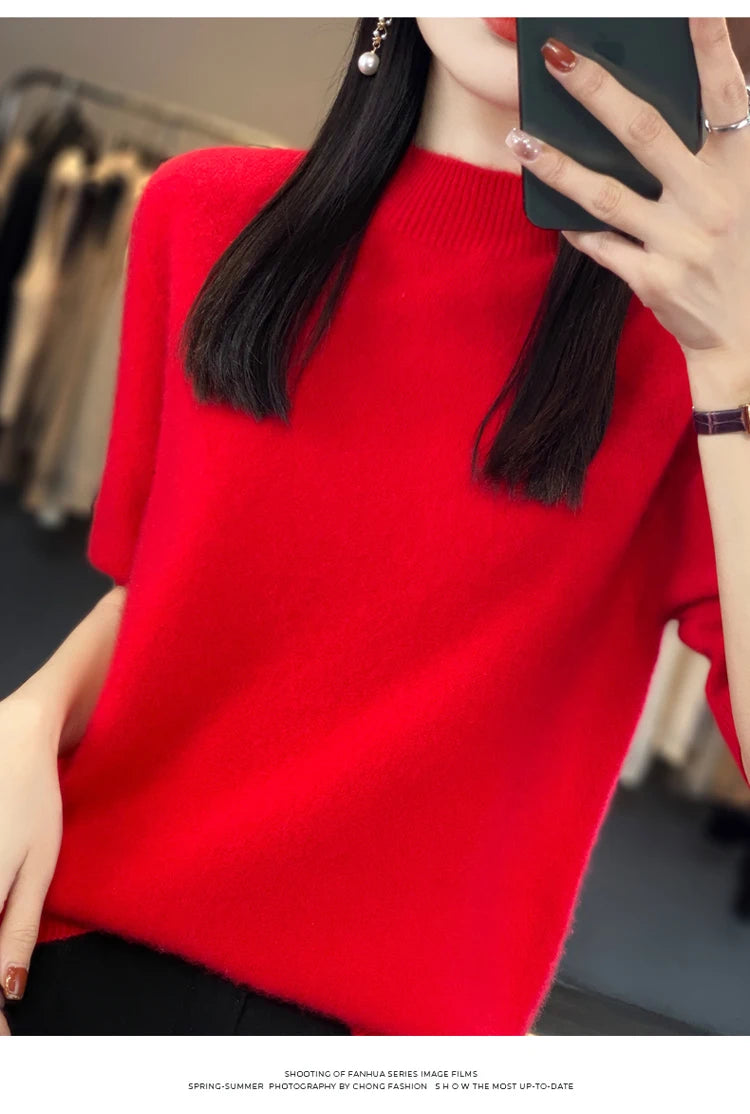 100% pure wool short sleeve summer new women's semi-high neck pullover blouse loose knit vest fashion T-shirt