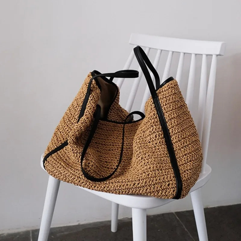 Vintage Lafite Grass Weave Straw Bags Luxury Design Vacation Style Large Capacity Shoulder Bag Summer Shopping Beach Tote Bag