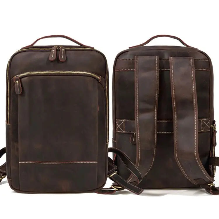 Vintage Travel Backpack leather double zipper bagpack male crazy horse leather backpack handmade leather travel bag men bag