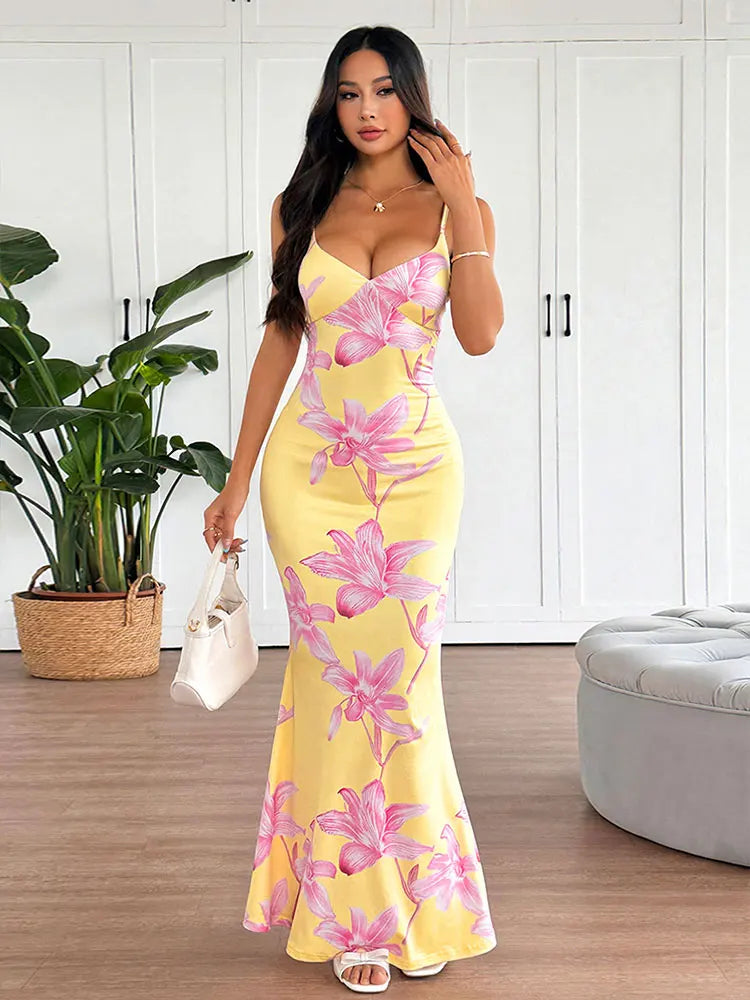 Women Sling Maxi Dresses Summer New Streetwear Fashion Print Casual Slim Dress Sexy Backless V-Neck Elegant Lady Dress Clothing