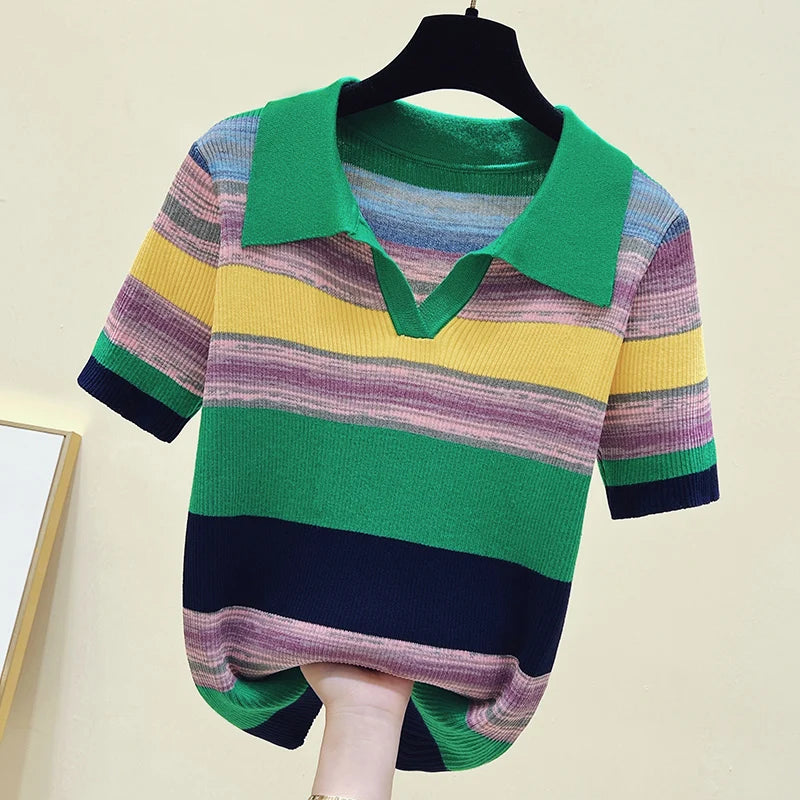 Summer Korean Knitted Tshirt Sweater For Women Rainbow Striped Stylish Fashion Loose Tops Shirt Short Sleeve Knitwear 2023