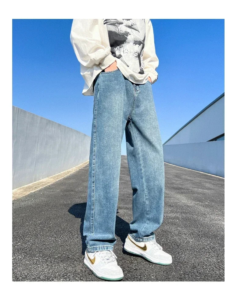 Men's Jeans Spring Autumn Extend Straight Vintage Blue Casual Baggy Jeans Korean Trousers Classic Wide Leg Fashion Denim Pants