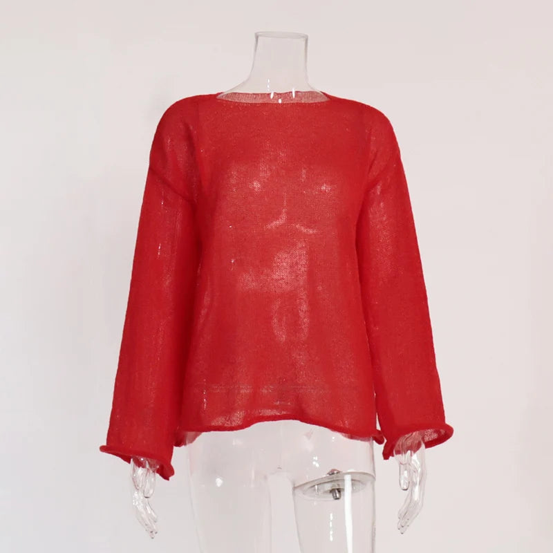 MSCSZ Red Long Sleeve Oversized Sweater Women Transparent Knitted Sweater 2025 Spring Autumn Cozy Sweaters Pullover Tops