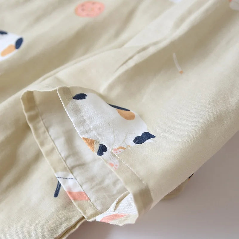 Japanese-style kimono two-piece couple pajamas cover men and women pure cotton gauze cute kitten thin homeware sleepware nighty