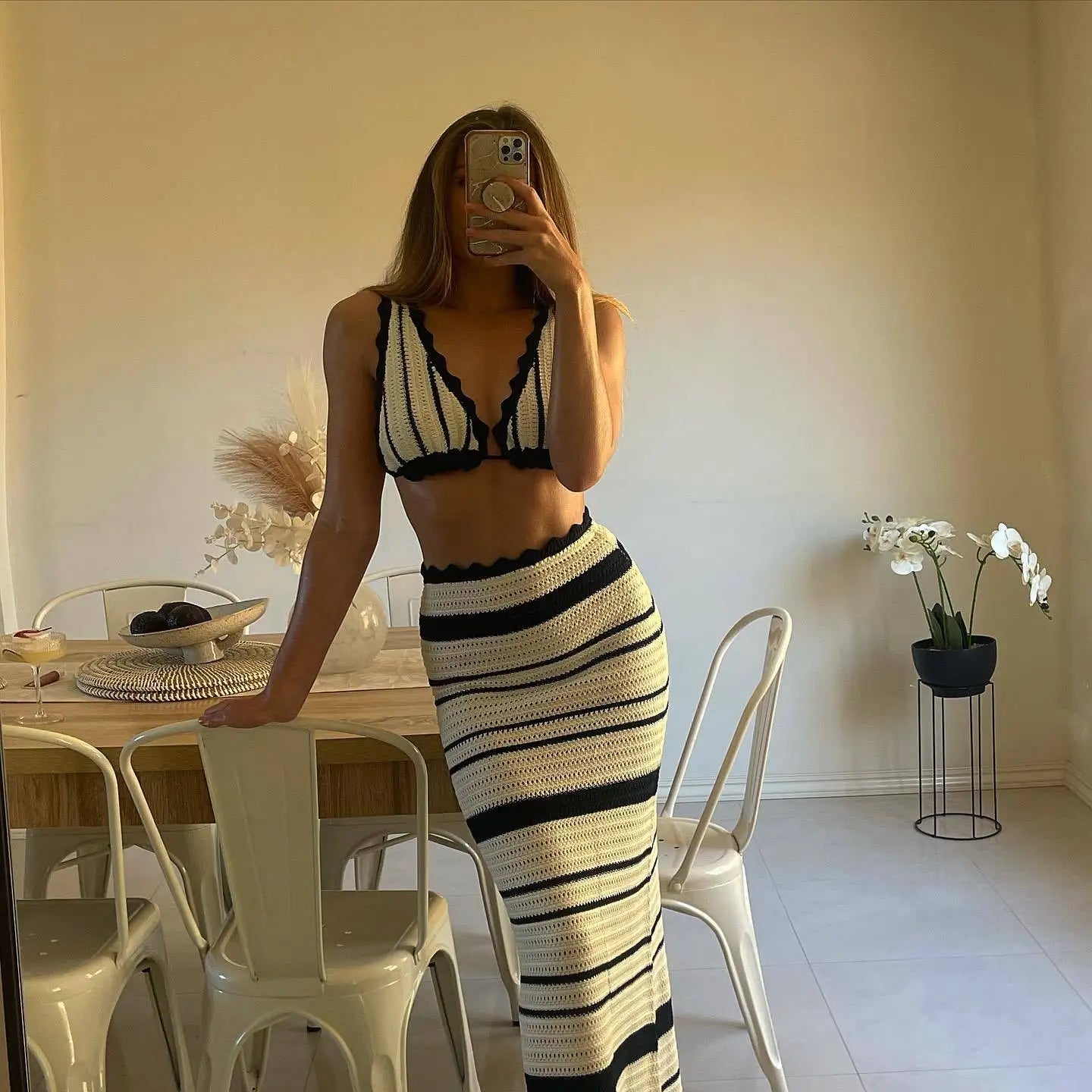 Tossy Knit Striped 2 Piece-Set Long Skirt Female Ruffled V-Neck Casual Beach Holiday Contrast Outfits Knitwear Maxi Skirt Sets