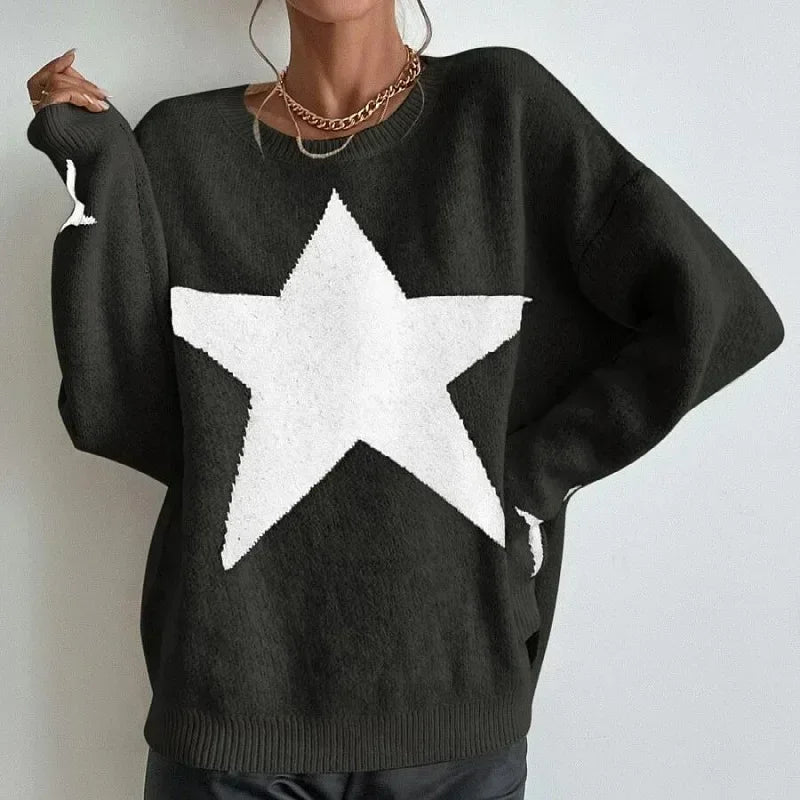 Star Sweater Pullover Women Autumn Spring Simple Knit Elastic Pullovers Jumper Casual Thick Warm Black White Basic Jumpers