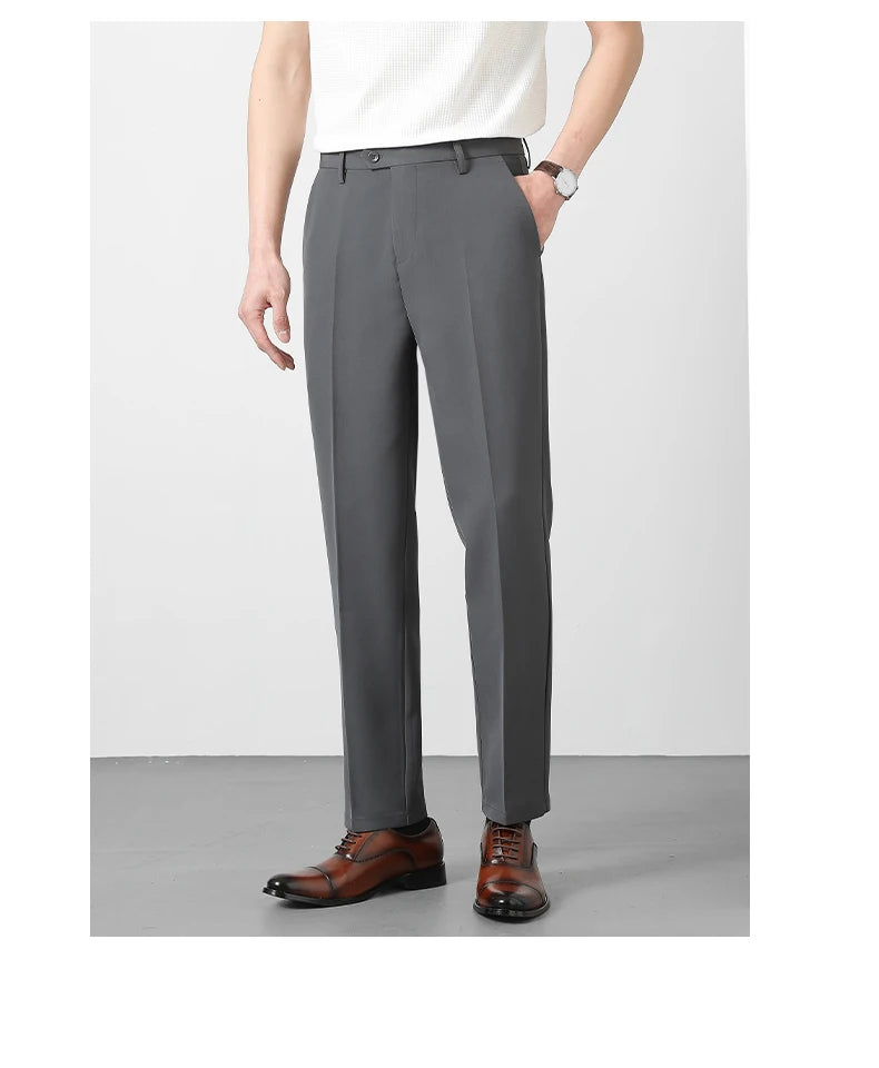 Spring Summer Suit Pants Men Business Smooth Slim Business Office Social Elastic Waist Ankle Length Formal Korean Trousers Male
