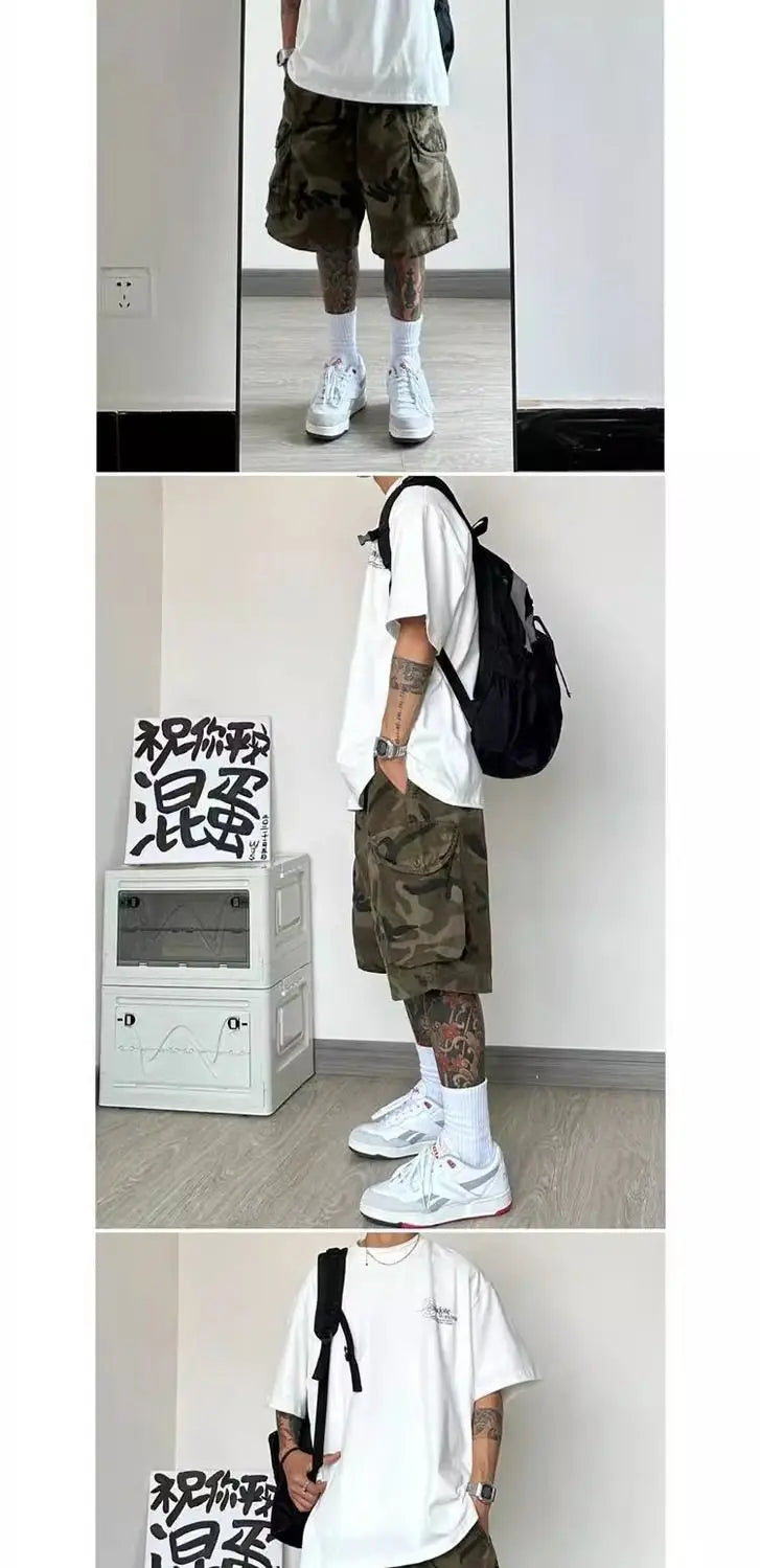 New summer men's shorts retro loose large pockets camouflage work shorts Bermuda hip-hop street casual shorts Men's clothing