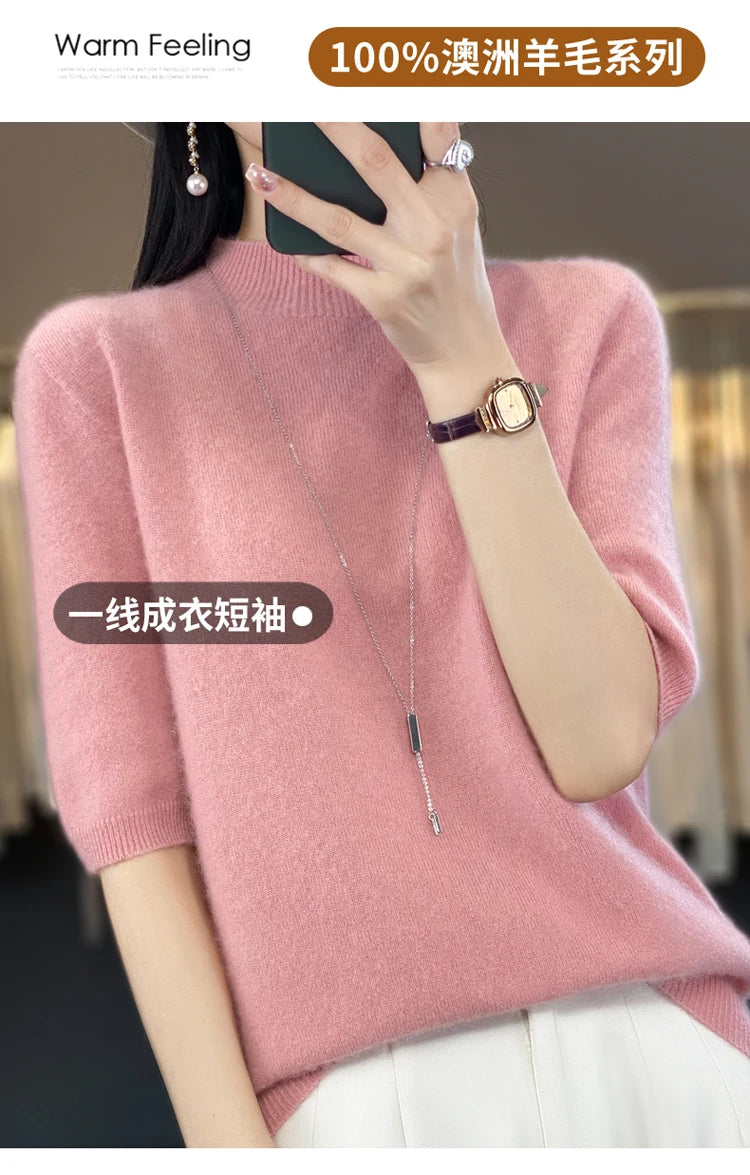 100% pure wool short sleeve summer new women's semi-high neck pullover blouse loose knit vest fashion T-shirt