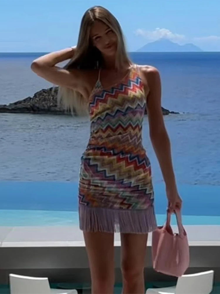 Women's Printed Striped Fringe Halter Dress Asymmetrical Collar Slim Colorful Short Mini Dresses Colorful Beach Vacation Dress