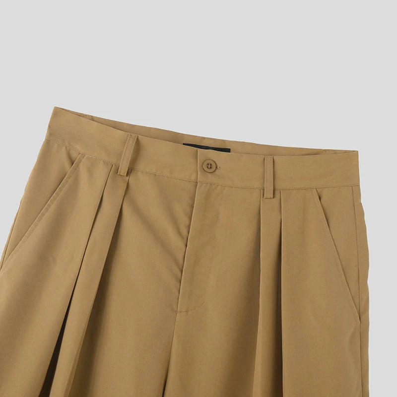 INCERUN Men Wide Leg Pants Solid Color Button Joggers Loose Pleated Casual Trousers Men Streetwear 2024 Fashion Long Pants S-5XL