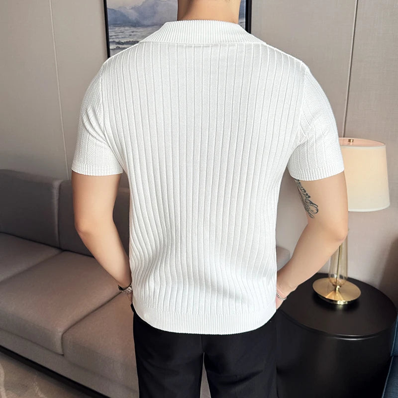 Men Striped Polo Shirt 2025 Summer Light Thin Breathable Solid Casual Elastic Slim Fit Short Sleeved V-neck T-shirt Men Clothing