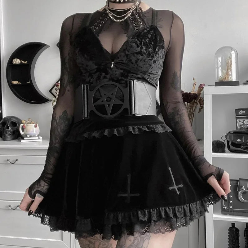Goth Dark Mall Gothic Aesthetic Velvet Pleated Mini Skirts Women Vintage Harajuku Emo Alt Clothes High Waist Lace Ruffles Skirt