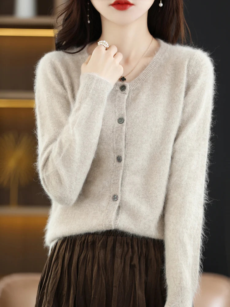 LHZSYY Women Cardigan Super Warm Pure Mink Cashmere Sweaters O-neck Loose Female Sweater Ladies' Solid Color Knit Cardigans