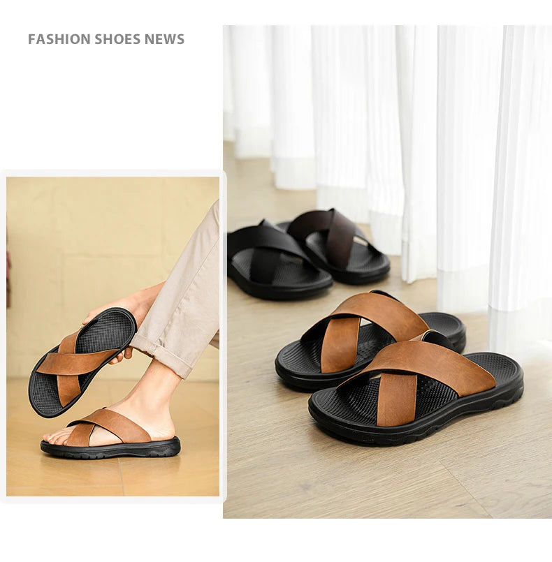 Mens Leather Slippers Comfortable Breathable Summer Big Size Sandals for Men with Soft Sole