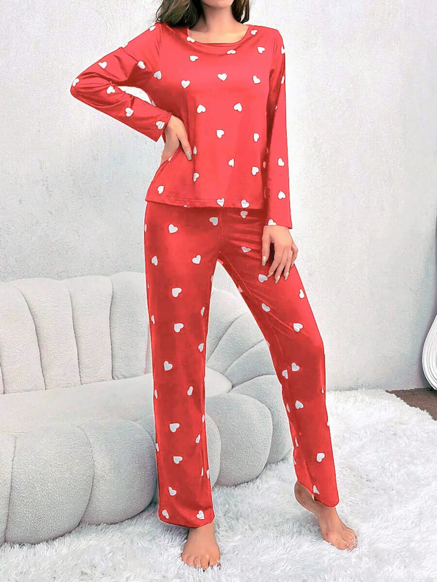 Women's Pajamas Casual Love Print Round Neck Long Sleeve Long Pants Fall and Winter Comfortable Set Girl Sleepwear Homewear