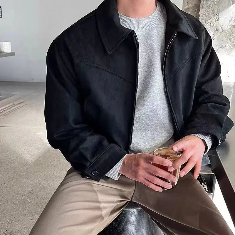 Retro High Street Suede Short Jacket Men Loose Stylish Motorcycle Collar Flight Casual Jacket Spring Autumn Fashionable Versatil