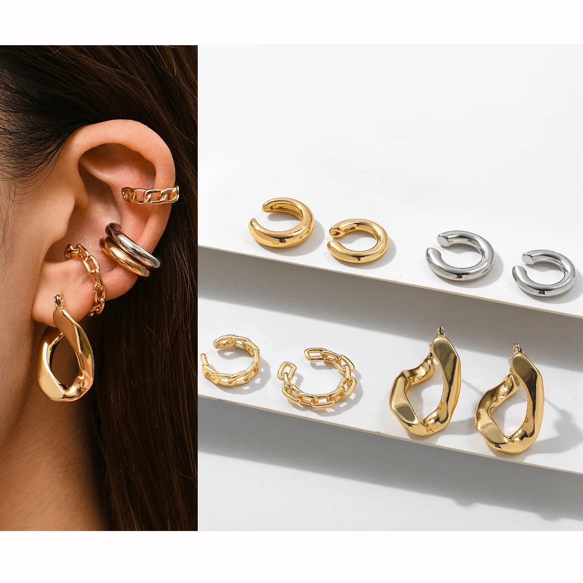 Punk Rock Helix Fake Cartilage Ear Cuff with Long Chain Circle Hoop Earrings Set for Women Tiny Piercing Huggie Earring Jewelry