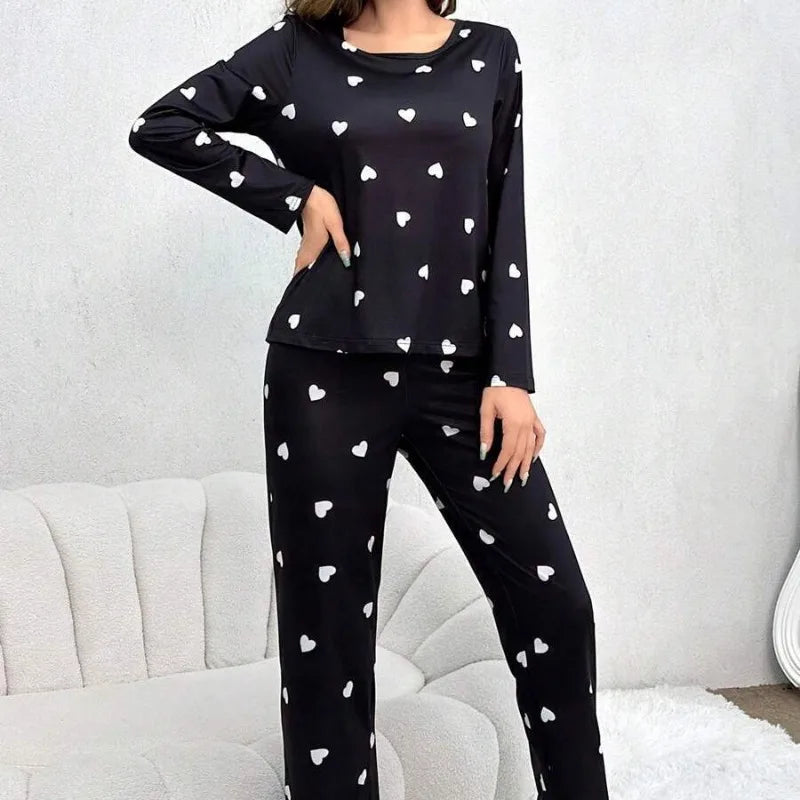 Women's Pajamas Casual Love Print Round Neck Long Sleeve Long Pants Fall and Winter Comfortable Set Girl Sleepwear Homewear