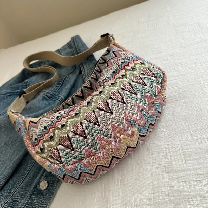 Wave Pattern Design Crossbody Bag for Women New Large Capacity Canvas Shoulder Bag Versatile College Students Dumplings Bag