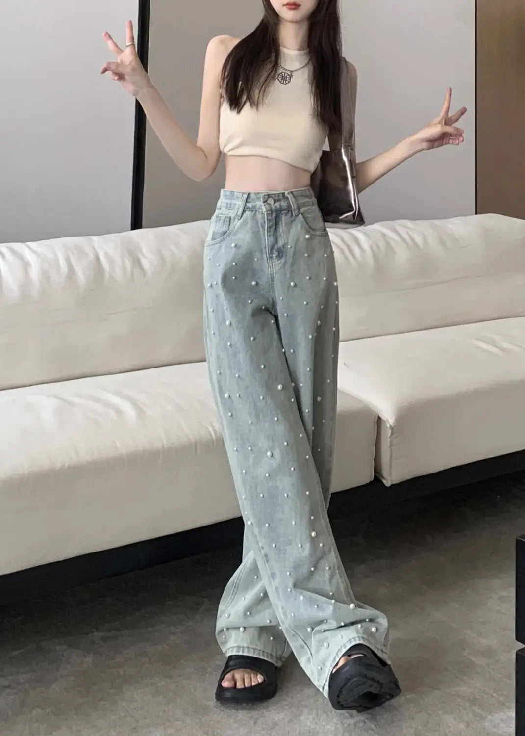 Women's Jeans High Waist Straight Blue Beaded Pearls Denim Pants Spring Autumn Chic Streetwear Design Baggy Jeans Women Clothing